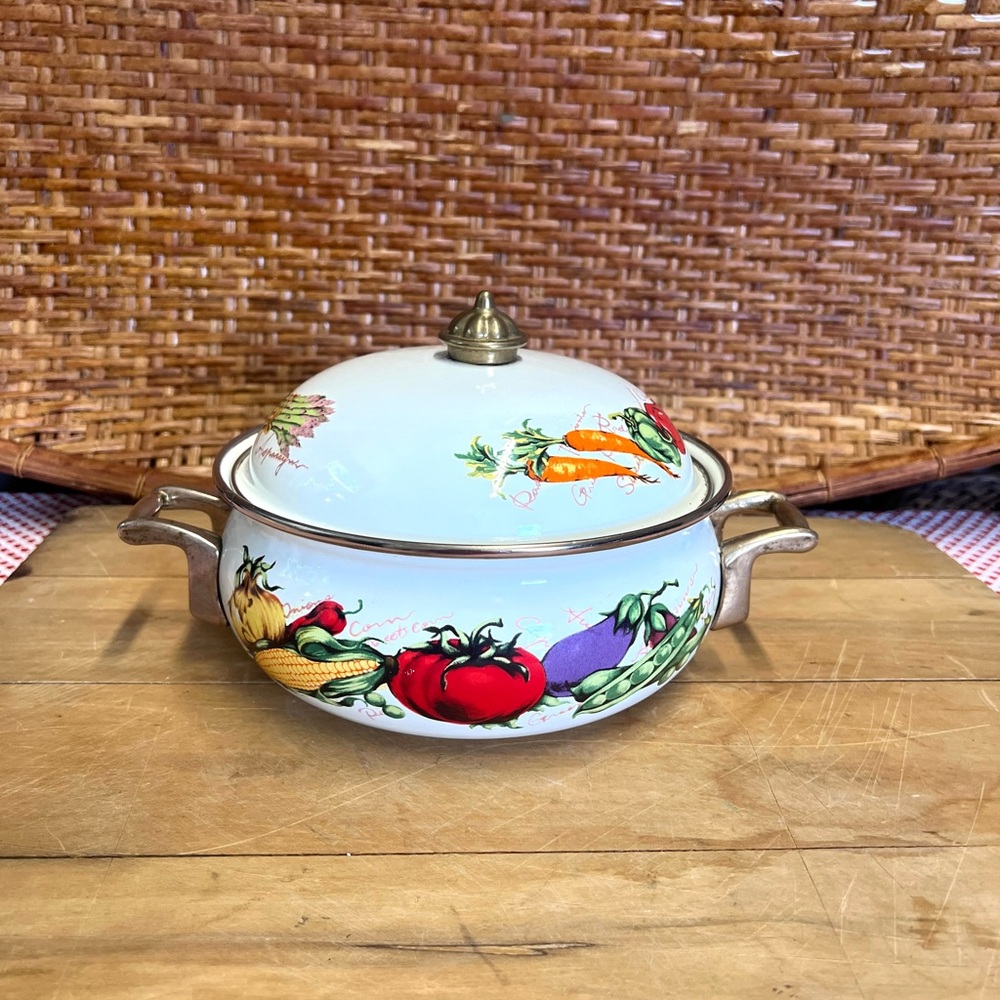 Enamel cookware farmers market metal lidded pot vegetables brass decor retro